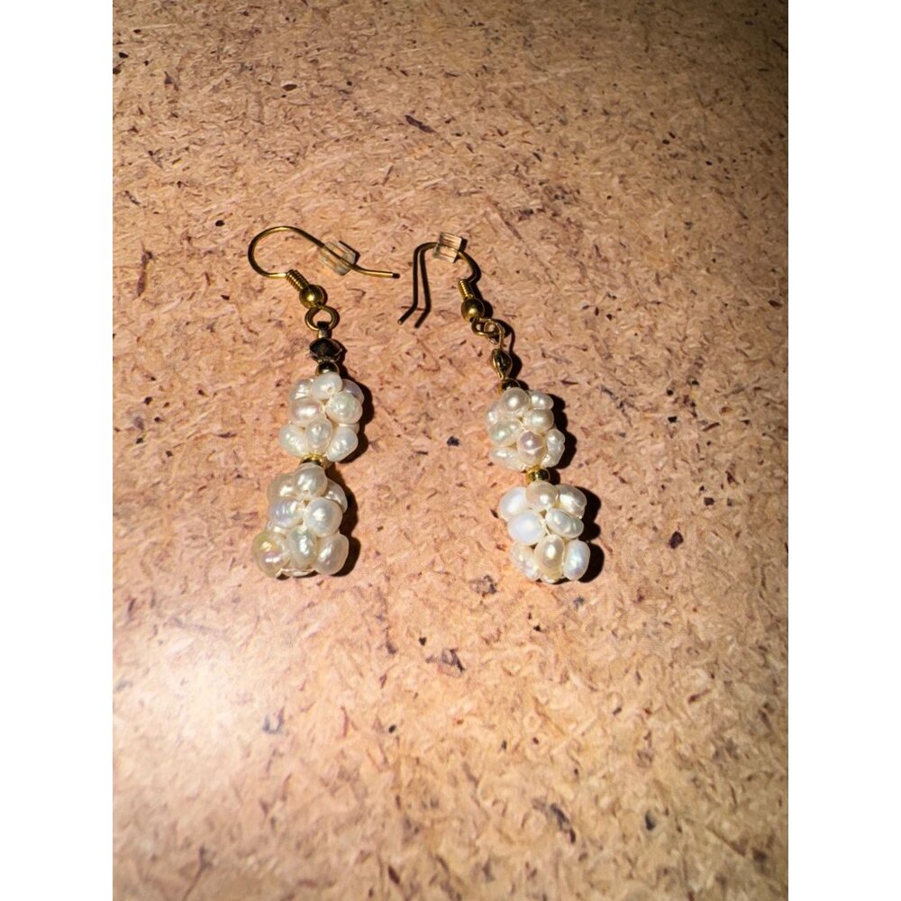 Handmade Dangling Earrings With Faux Pearls & Gold Beads - Picture 12 of 14